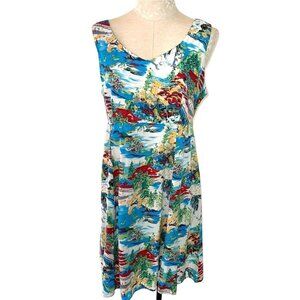 Dressing Clio Dress Womens Size Large L Vintage Asian Print Made In USA Blue Red